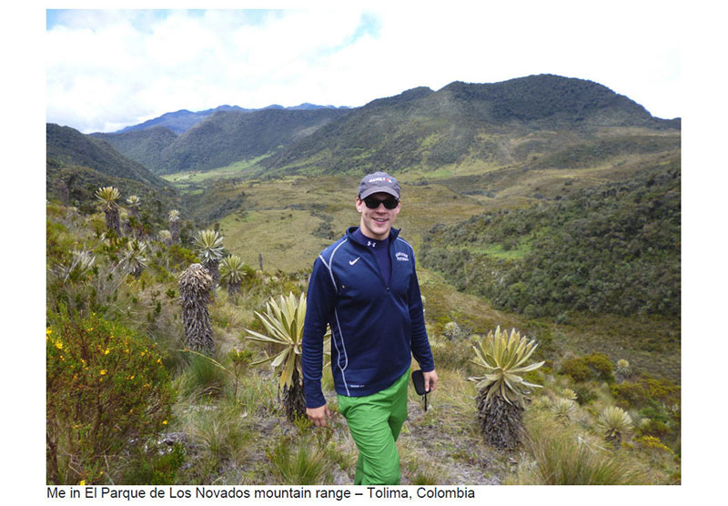 Andrew Austi, a Chicago Illinois teacher, puts Merrell Moab Hiking boots to the test in El-Parque-de-Los-Novados Mountain Range in Tolima, Colombia