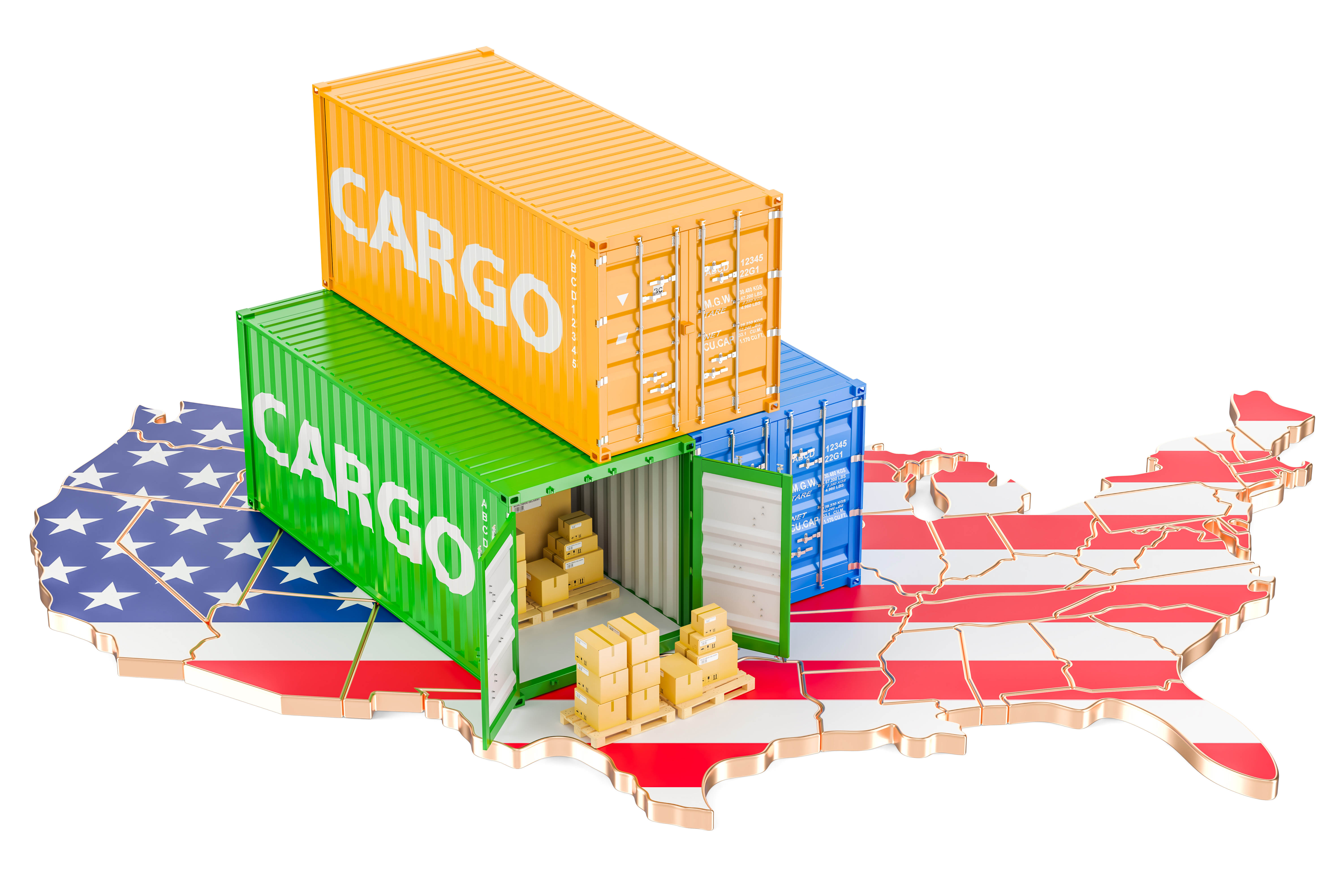 Map of USA with Cargo Containers on top