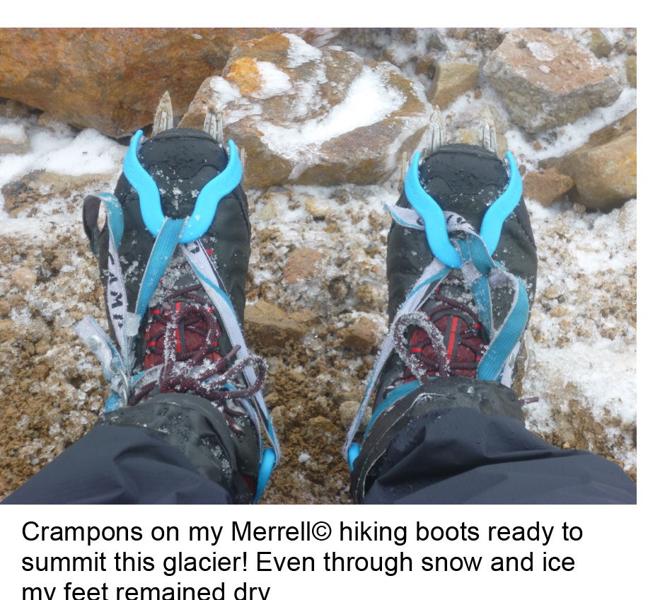 Merrell Moabs and Crampons kept footing secure up to the summit