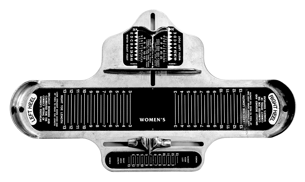 Old world Brannock-type devices are still used today to accurately measure the length width and arch length of both of your feet.